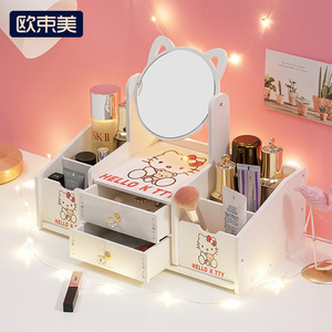 Hello Kitty <b>Makeup</b> Vanity Mirror With <b>Storage</b> Drawer Desktop Cosmetic Organizer For Girls Home Use - Product Image 1