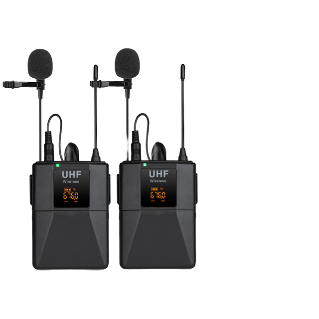 UHF Wireless Lavalier Microphone 2-Channel Dual Transmitter Noise Cancelling Metal Plastic Clip Lightweight DSLR Camera 1 Year