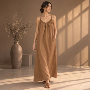 Robe longue beige en lin et coton pour femme, bretelles spaghetti, coupe trapèze, tissée, ample, pour les vacances et tenue décontractée - Product Image 1