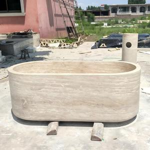 Vasca da Bagno Artigianale in Travertino Bianco Crema, Vasca Freestanding in Pietra Naturale per Ville di Lusso, Resort e <span class=keywords><strong>Spa</strong></span> - Product Image 1