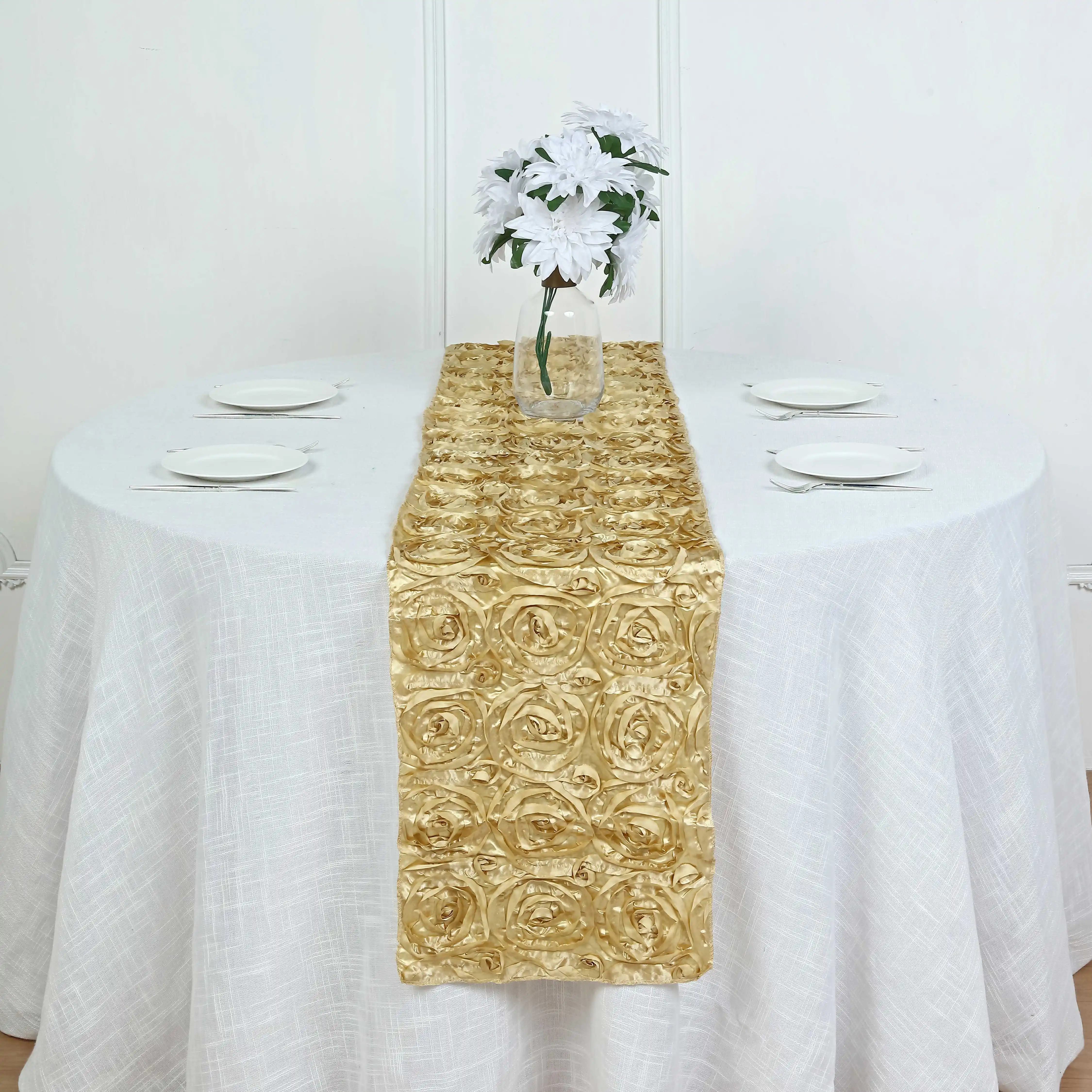 Luxury Elegant Christmas Rosette Satin Flower Table Runner For Outdoor Wedding Table Decor