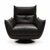 Fauteuil pivotant moderne en cuir noir à dossier haut, fauteuil de salon avec piétement disque, chaise de lecture pour salon