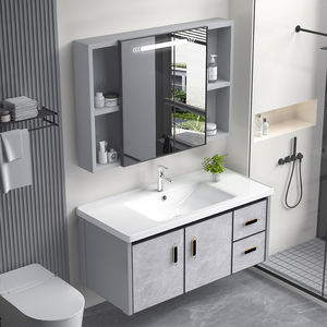 Armoire <span class=keywords><strong>de</strong></span> <span class=keywords><strong>salle</strong></span> <span class=keywords><strong>de</strong></span> <span class=keywords><strong>bain</strong></span> murale en aluminium spatial à double tiroir, étanche, avec lavabo en céramique intégré, options <span class=keywords><strong>de</strong></span> largeur multi-tailles - Product Image 3