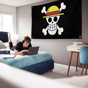 Bandera de los <span class=keywords><strong>Piratas</strong></span> del Sombrero de Paja de <span class=keywords><strong>One</strong></span> <span class=keywords><strong>Piece</strong></span>, Bandera de Calavera de Anime para Decoración de Dormitorio y Fanáticos, Bandera Pirata Negra del Sombrero de Paja de Luffy - Product Image 5