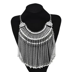 Vintage Nation Silver Long Chain Ball Tassel Women's Pendant Necklace Women's Traditional Tribal Party Bohemian Jewelry