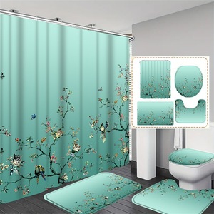 Ensemble de 4 pièces pour salle de bain : rideau de douche, tapis de bain décoratif rose, tapis contour, couvercle de toilette en forme de U, tapis antidérapant en tissu polyester - Product Image 3