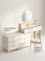 Coiffeuse de maquillage style crème avec armoire latérale, élégante table de toilette blanche pour chambre à coucher avec chaise roulante