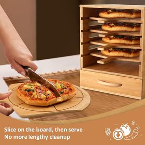 Bamboo Pizza Storage Rack With Drawer 5 Tier Wooden Pizza <b>Pan</b> Holder Multi Layer Kitchen Organizer For Food Storage - Product Image 4