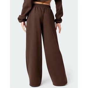 กางเกงขากว้างสีน้ำตาลสำหรับผู้หญิง เอวสูง ยางยืด ทรงหลวม ความยาวเต็มตัว กางเกงลำลองผ้าถักสีทึบ - Product Image 4