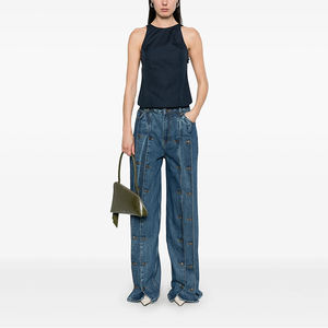 Logo personnalisé pour femmes coupe droite taille moyenne <span class=keywords><strong>jean</strong></span> lavage de classe plissé embelli bouton respirant Denim décontracté Streetwear Sexy - Product Image 1