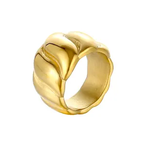 Wide Ring Model 18K Gold Plated Stainless Steel Thick Wave Stripe Gold Finger Ring for Women Girls