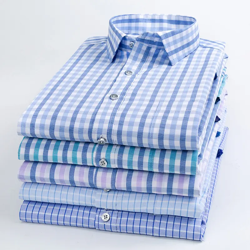 2022 wholesale mens shirts light blue plaids pure cotton ment clothing