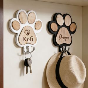 Personalized Wooden Leash Holder, Paw Print Wall Hook with Custom Pet Name, Collar & Keys Storage Hanger, Gift for Pet Lovers - Product Image 1