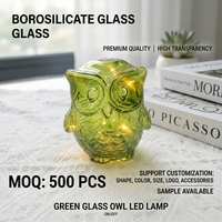 Lampe de nuit LED Hibou en verre vert, Figurine à effet craquelé en forme de plume, Décoration de table, Lampe féerique en borosilicate, Vente en gros OEM pour la maison