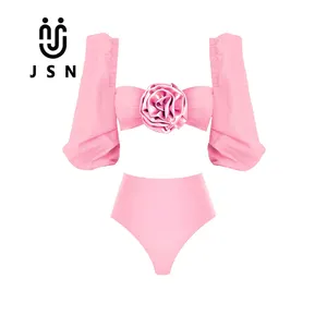 JSN Pink Flower Long Sleeve Swimwear Sexy Bikinis Women Swimsuit 2024 High Waist Biquini Solid Bathingsuit Beachwear