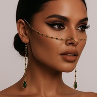 Chaîne de visage en bambou avec pampille en cristal vert, style bohème, accessoires d'oreille tendance pour femme