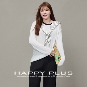Pull en tricot style lin color-block Happy Plus, grande taille, manches longues, blanc cassé, pour femme - Product Image 1