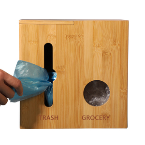 Distributeur de sacs poubelles en bois porte-rouleau sous évier porte-sac d'épicerie en bambou 2 en 1 porte-sac poubelle distributeur support mural - Product Image 2