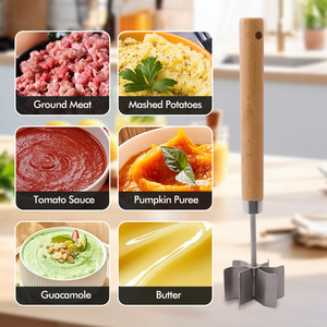 Hachoir à viande en acier inoxydable à 6 lames courbes avec manche en bois, ustensile de cuisine, écraseur de bœuf, écraseur de pommes de terre, écraseur de hamburgers - Product Image 5