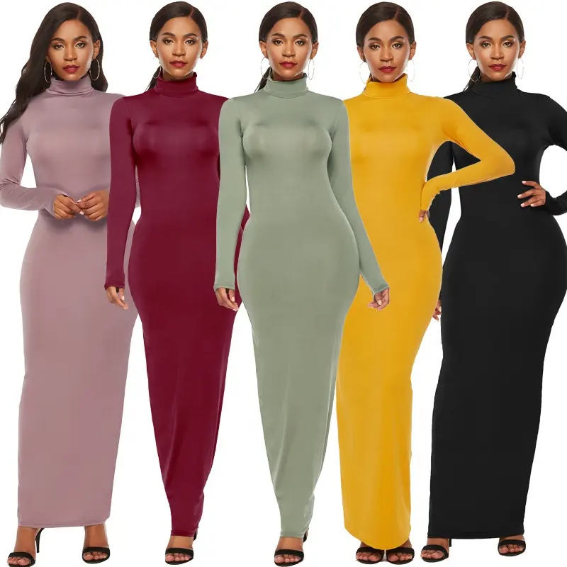 American Clothing Spring Women Long Sleeved High Necked Skinny Pure Color Basic Slim Outdoor Wear Bodycon Casual Maxi Dress