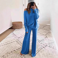 Ensemble deux pièces en tricot côtelé pour femmes, haut à manches longues, pantalon large, tenue décontractée douce pour la maison, vêtements d'automne et d'hiver