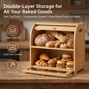 Contenitore per Pane in Bambù Stile Japandi con Finestra <span class=keywords><strong>Trasparente</strong></span>, Grande Scatola per Pane da Bancone con Vassoio Tagliere e Fori di Ventilazione - Product Image 6