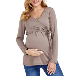 Chemisier et chemise d'allaitement en <span class=keywords><strong>coton</strong></span> à manches longues et col en V de couleur unie - Product Image 5