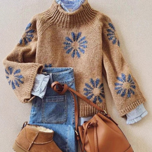 Suéter de Punto con Estampado Floral y Cuello Redondo para Mujer, Estilo Otoño Invierno, Color Caqui, Tallas SMLXL, Estilo Japonés y Coreano, Informal - Product Image 1