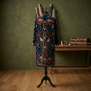 Abrigo Largo de Terciopelo Azul Oscuro Bordado a Mano, Diseño Floral Bohemio Suzani Uzbeko Tradicional, de Lujo y Personalizado para Mujer, Invierno - Product Image 4