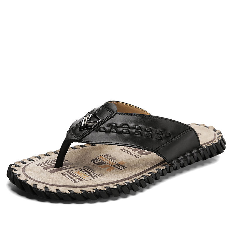 High Quality Summer Mens Flip-Flop Luxury Genuine Leather Flat Bottom  Slippers