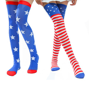 Chaussettes au-dessus du genou pour femmes, motif drapeau américain, chaussettes imprimées pour Costume de Cosplay, design patriotique à rayures et étoiles - Product Image 1