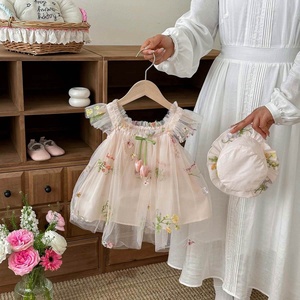 Robe en maille sans manches pour petites filles, avec broderie florale, avec chapeau assorti, tenue de fête quotidienne d'été - Product Image 2