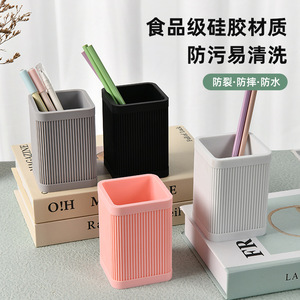Square Silicone <b>Pen</b> Holder White Gray Black Pink Office Desk Storage Box Simple Style Desktop Organizer - Product Image 4