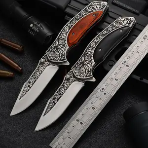 Custom Logo Hot Sales Black Wood Handle Carving Technique Blade Folding Pocket Knife For Self Defence