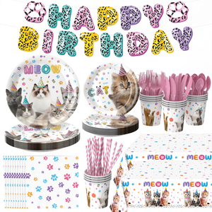 Ensemble <span class=keywords><strong>de</strong></span> vaisselle moderne pour fête d'anniversaire sur le thème du chat, <span class=keywords><strong>assiettes</strong></span> et serviettes <span class=keywords><strong>jetables</strong></span> écologiques avec accessoires sur le thème du chat - Product Image 1