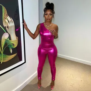 2023 Summer Clothing Sexy Glossy Leather Silk Pant One Shoulder Bodysuit Workout Club Clothes Women Two Piece Set