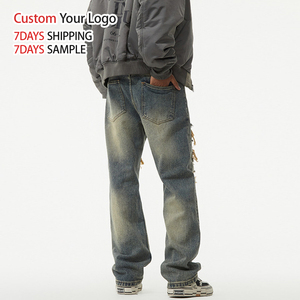 Jean en denim de haute qualité à jambe large, style streetwear décontracté, délavage effet neige, effet usé personnalisé, coupe droite, coupe ample, déchiré, taille mi-haute - Product Image 4