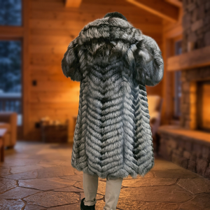 Men's & Women's Waterproof Thick Velour Fluffy Collar Genuine <b>Silver</b> Fox Fur Overcoat - Product Image 2