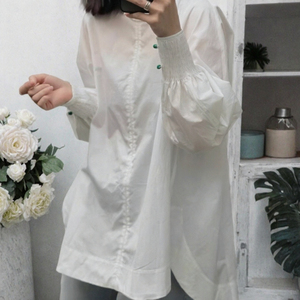 Women's <b>White</b> Polyester O-Neck Long <b>Shirt</b> Conventional <b>Sleeve</b> Elegant Loose Fit Blouse Full <b>Sleeve</b> Beading <b>Puff</b> Printed - Product Image 3