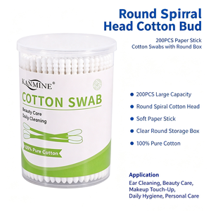 <span class=keywords><strong>Coton</strong></span>-tiges écologiques naturels à tête spirale ronde, 200 pièces, avec bâtonnet en papier et boîte ronde, vente en gros fabricant - Product Image 1