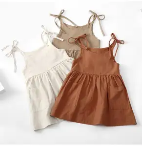 New style kids girls Summer solid color cotton linen dress halter slip for kids baby girls