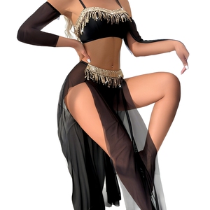 Ensemble de lingerie <span class=keywords><strong>sexy</strong></span> pour danse du ventre, avec strass, dentelle, tissu polyester Dobby, cape semi-transparente, jupe et crop top à franges métalliques - Product Image 5