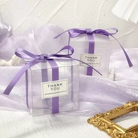 Boîte à dragées de mariage en PVC givré romantique, boîte de présentation de luxe avec logo personnalisé, ruban en tissu fleuri pour fête nuptiale et usage artisanal
