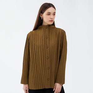 Gaun katun lengan panjang wanita, baju luar Korea Solid berlipat kerah berdiri longgar musim gugur dan musim dingin - Product Image 3