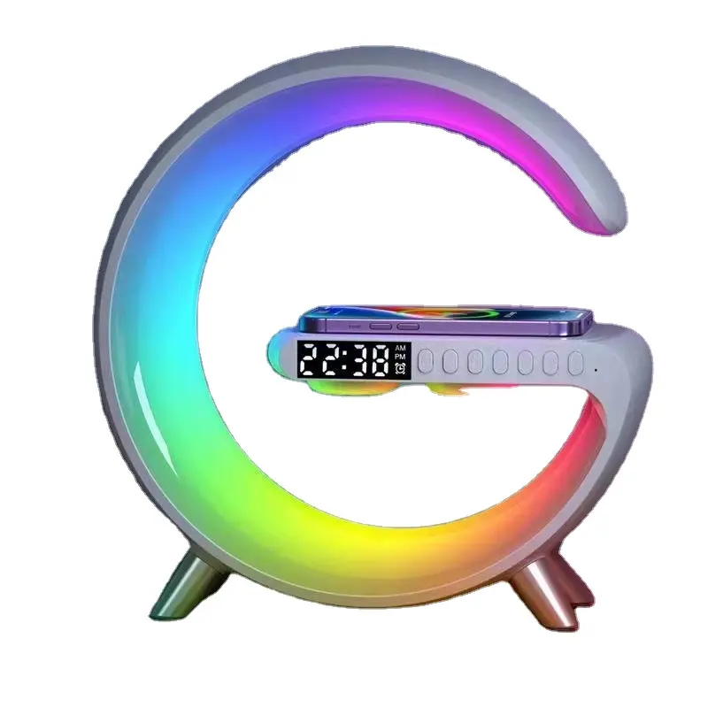 2023 Amazon Factory Wholesale 256 RGB LED Blue Tooth Speaker 4 in 1 Table Lamp Fast Wireless Charger Digital Clock App Contral