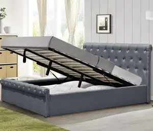 현대 머리판 및 발판 썰매 디자인 리넨 패브릭 더블 사이즈 스토리지 침대