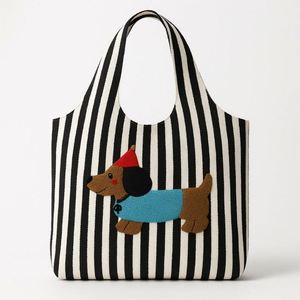 กระเป๋าผ้าแคนวาสลายทางปักลายสุนัขน่ารัก กระเป๋าถือสะพายไหล่ใบใหญ่สำหรับผู้หญิง ฤดูร้อน ช้อปปิ้ง ท่องเที่ยว ชายหาด วันหยุดสุดสัปดาห์ - Product Image 4