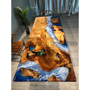 Stunning ocean style solid wood table resin table top glossy epoxy resin dining table