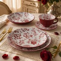 Service de table en céramique Pomegranate Toile, rouge et blanc, motif botanique moderne de luxe, bordure en relief, durable, léger, passe au lave-vaisselle