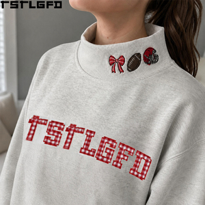 Custom Embroidered Mock Neck <b>Sweatshirt</b> women Light <b>Grey</b> Heather Football Graphic Streetwear Wholesale Bulk - Product Image 2